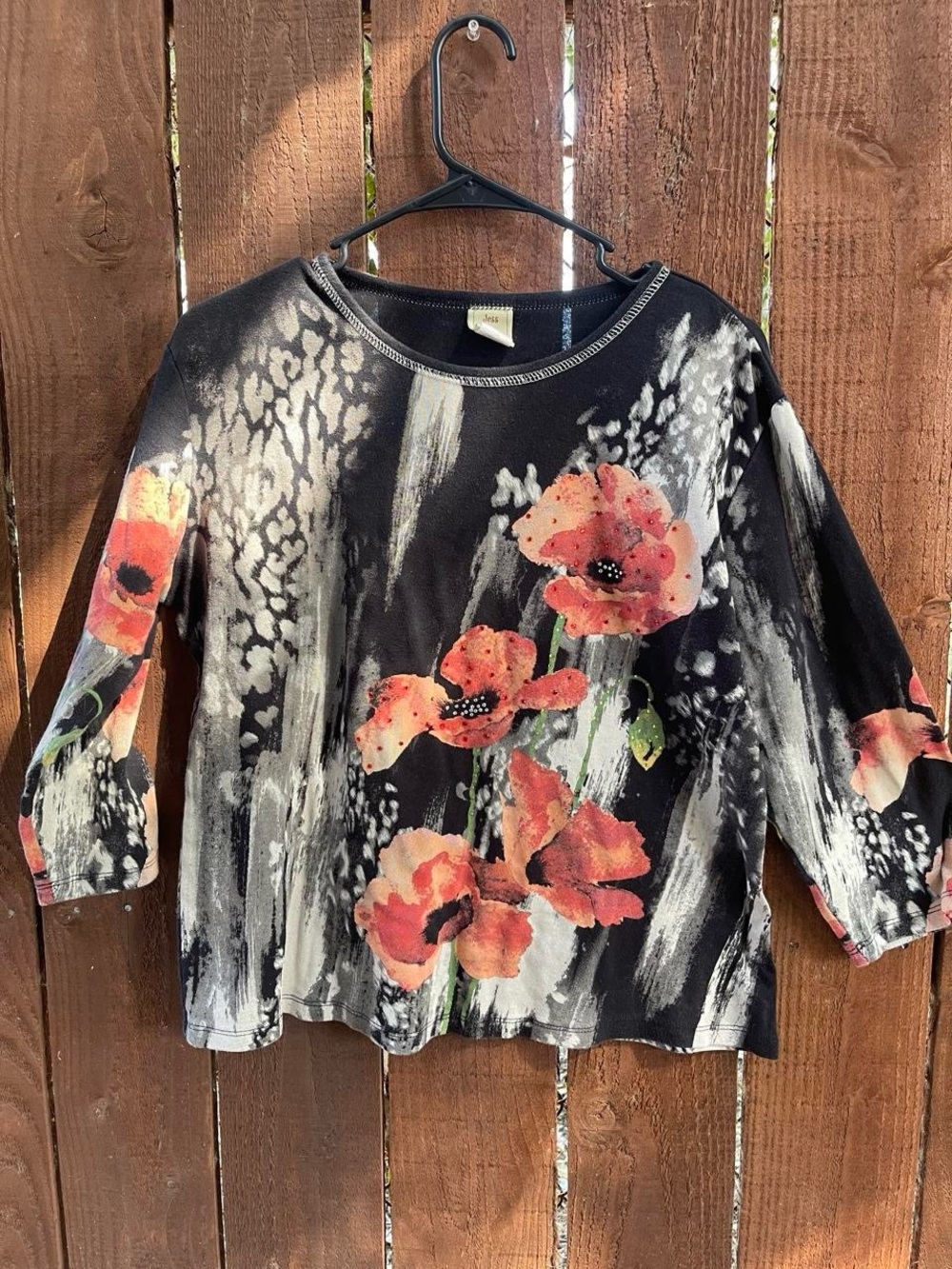 Jess & Jane Risina Flowers Abstract Cotton Sequin Artsy 3/4 Sleeve Shirt Sz L